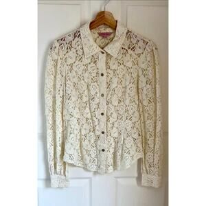 Vintage Cream Lace Western Shirt | Women's Button Down | Small Size Boho Top